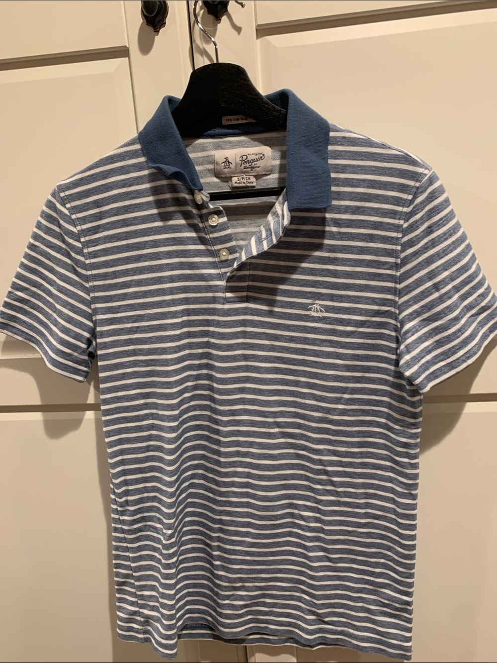 Original Penguin Blue & White Striped Polo with Contrast Blue Collar